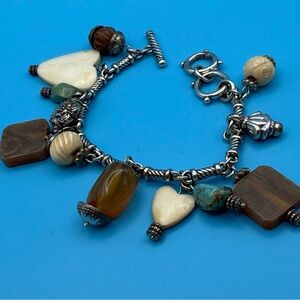 Brighton Natural Elements Charm Bracelet Heart Beads Turquoise Stones Toggle Vtg